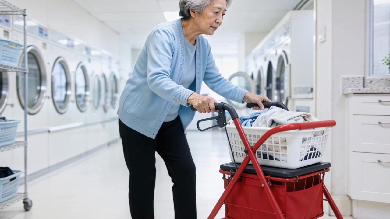 Donna in cardigan che entra nella lavanderia, spingendo un deambulatore rosso con un cesto bianco verso la lavatrice per fare il bucato