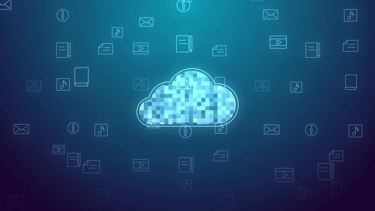 Cloud storage technology. loop animation of cloud online storage and icons. business technologies. Internet data transmission digital service application. Network computing technologies, hosting