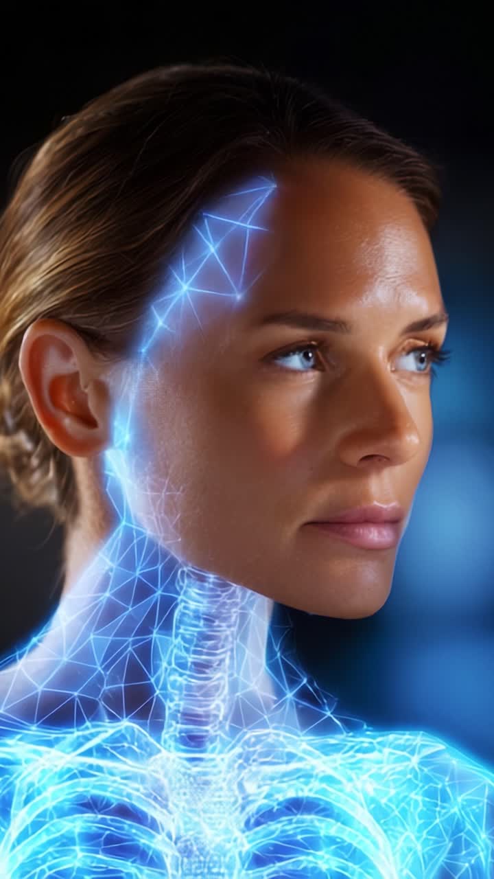 A futuristic depiction of a woman's face and illuminated skeletal structure, showcasing a blend of human anatomy and advanced digital representation for medical concepts