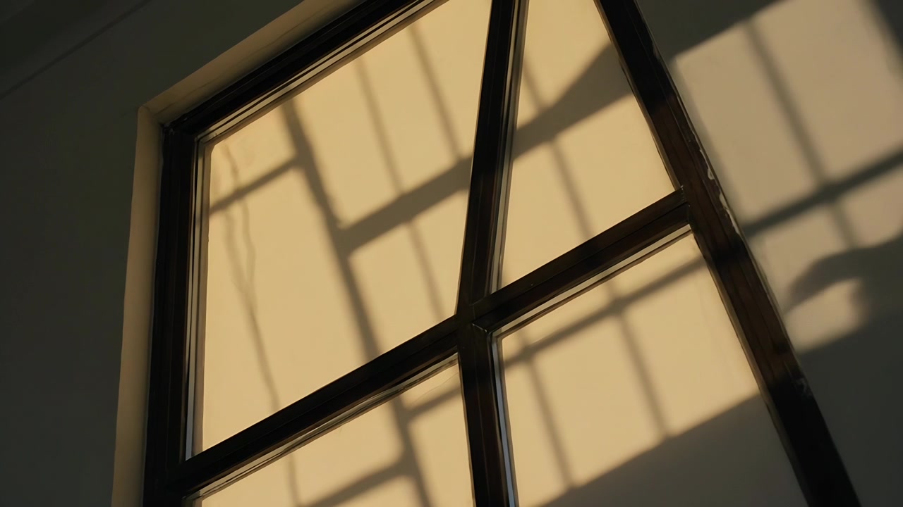 Projecting sunlight sending catlike shadow moving down and right across pale wall with wood muntins
