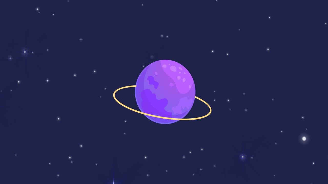 анимация вселенной с фиолетовой планетой сатурн и звездами на голубом небе