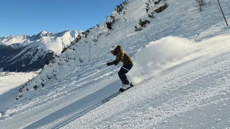 skiing downhill on a fresh groomed ski slope with high speed good style and elegance