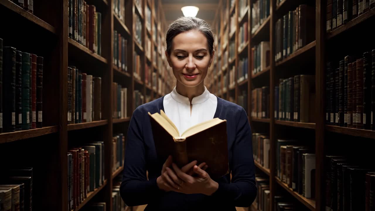 Woman in a Library Holding a Glowing Book