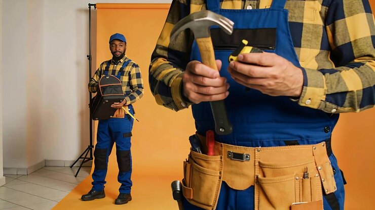 Cutting between wide and closeup showing handyman in overalls in studio using tape, hammer, demoing