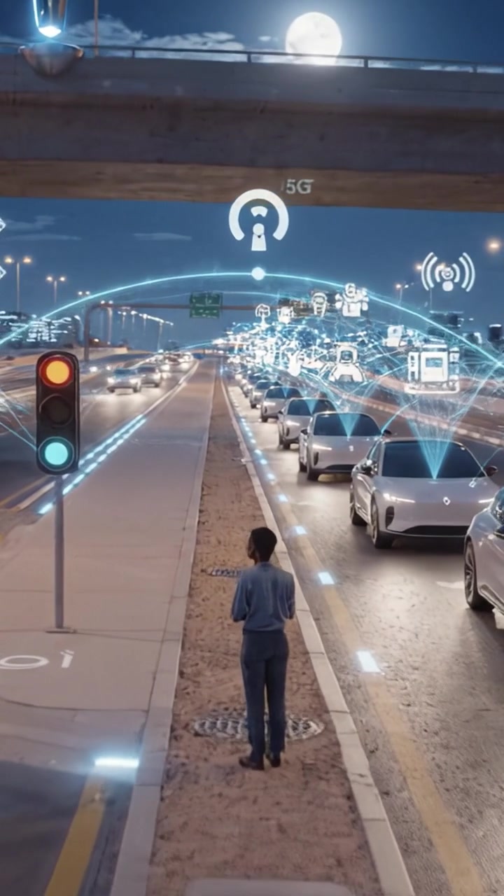 Incrocio cittadino futuristico che mostra tecnologia intelligente e veicoli autonomi sotto un cielo illuminato dalla luna, enfatizzando l'integrazione della connettività 5G per la mobilità urbana