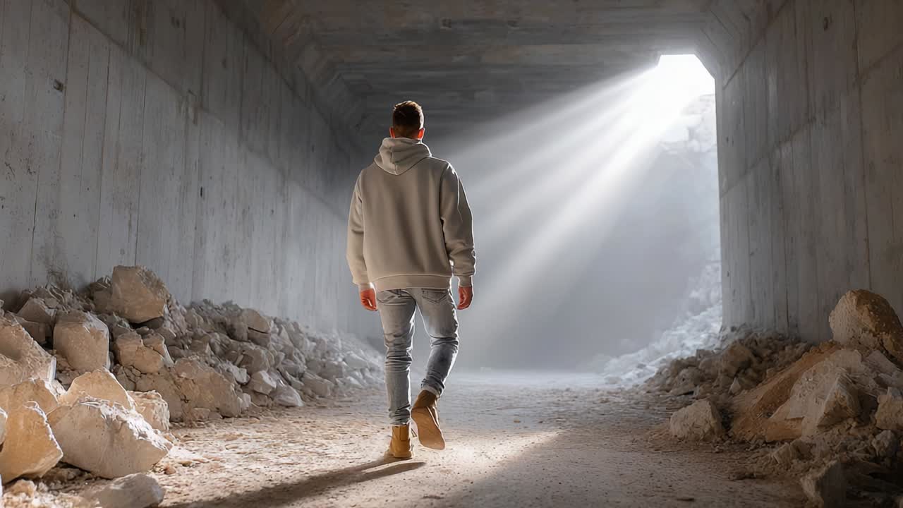 Man Walking Towards the Light at the End of a Tunnel