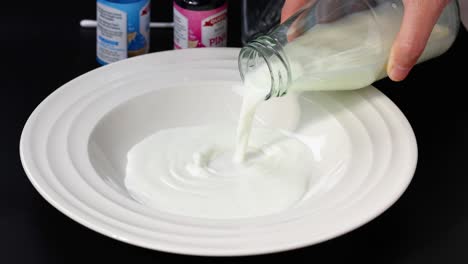 leche vertida en el plato para la reacción de color