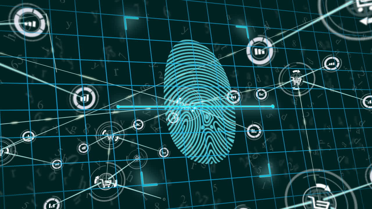 анимация биометрических отпечатков пальцев, сеть соединений с иконами и обработка данных