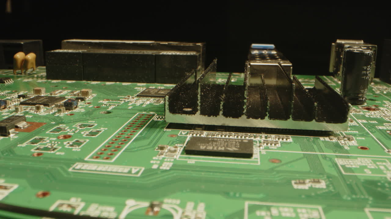 Beautiful macro of a circuit board filled with a variety of components in a dark studio. The camera moves closely over the printed board