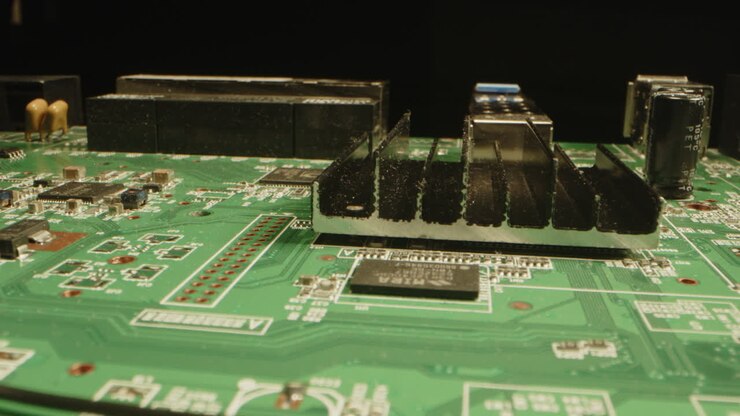 Beautiful macro of a circuit board filled with a variety of components in a dark studio. The camera moves closely over the printed board