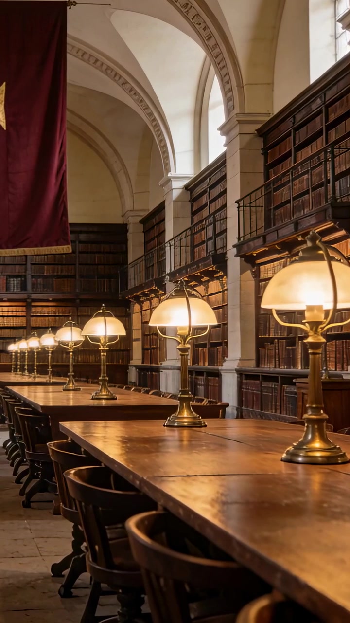 Vertical video: Starting camera gliding along study table at historic library showing brass lamps
