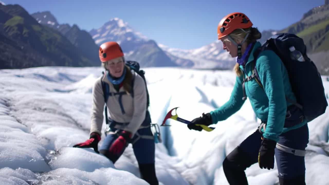 A climber navigates a stunning glacier landscape, showcasing skills with an ice axe against a backdrop of towering peaks and clear skies. Adventure and exploration await in this remote location.
