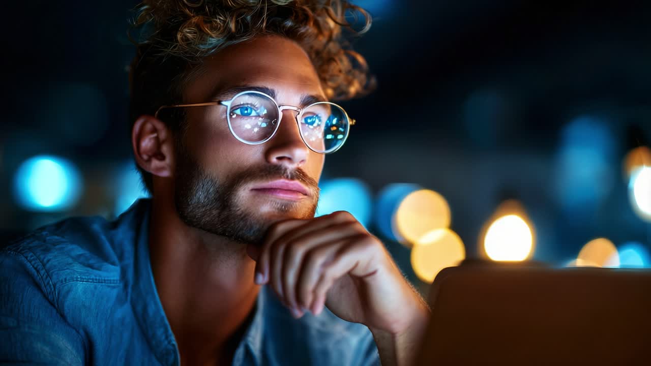 A thoughtful individual illuminated by soft ambient lights gazing intently at a laptop screen, embodying focus and contemplation in a serene nighttime environment