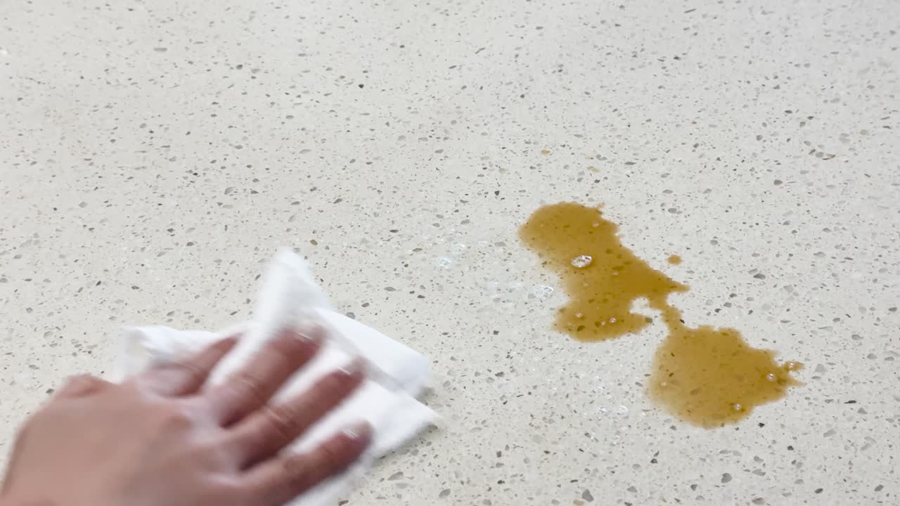 A hand wipes coffee spill on a light countertop using a paper towel, demonstrating effective cleaning technique