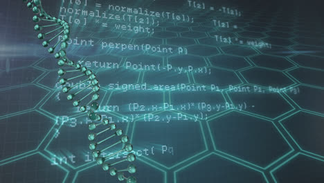 Animation of spinning dna strand over data processing