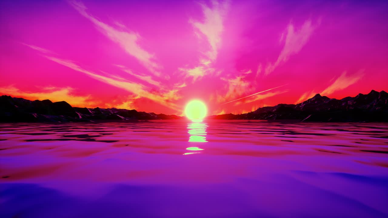 Retro 1980S Animation With Rocks, River, Sun And Cyberpunk Pink