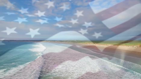 Digitale-Komposition-Der-Schwenkenden-US-Flagge-Vor-Der-Luftaufnahme-Von-Strand--Und-Meereswellen