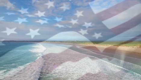 digital composition of waving us flag against aerial view of beach and sea waves