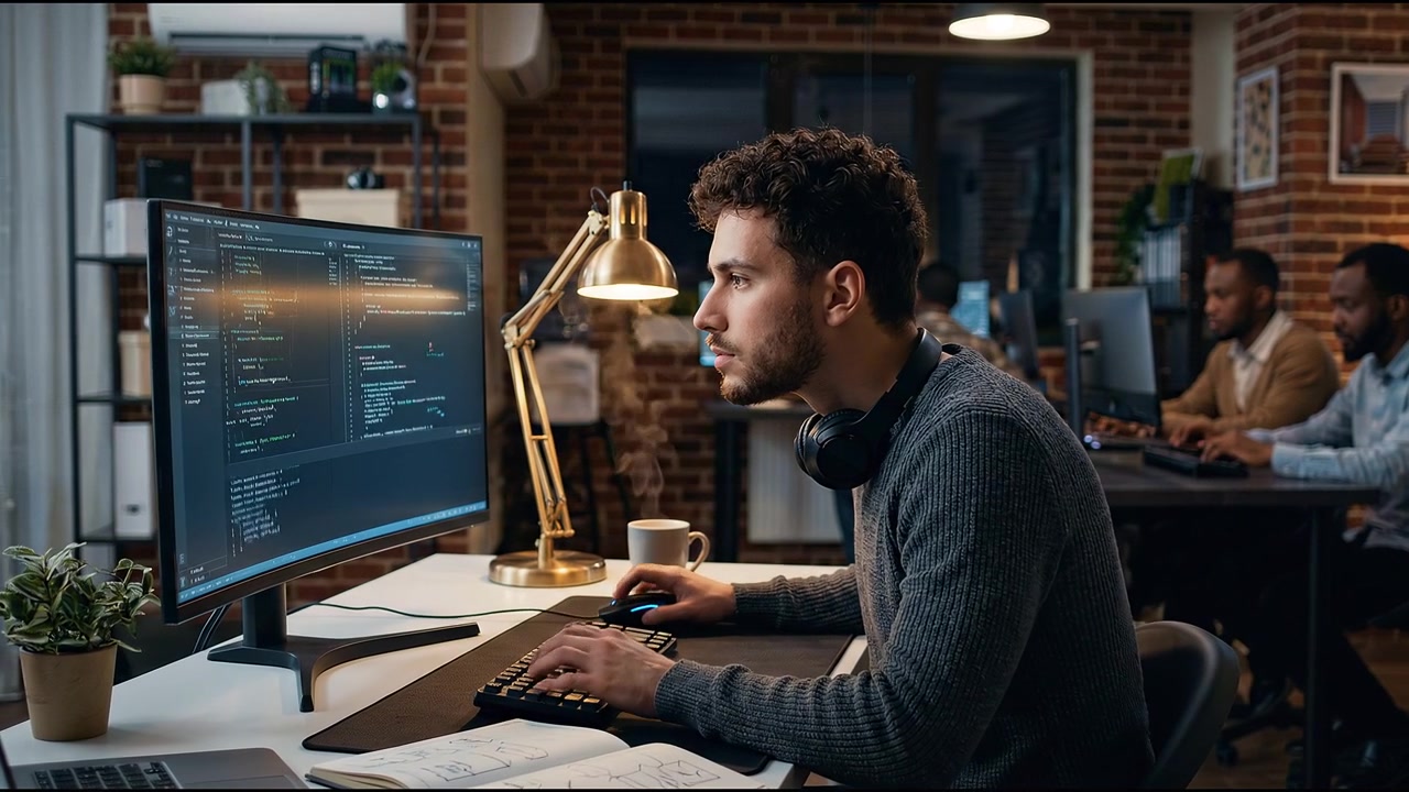 Cybersecurity specialist analyzing futuristic digital interface while working in modern technology office