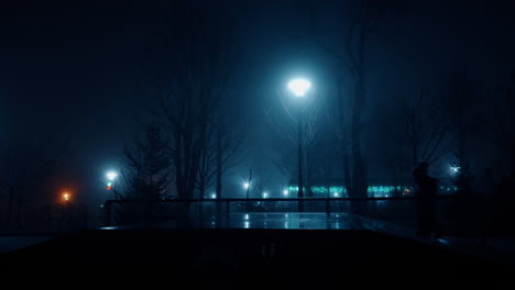 outdoor scenery with trees silhouettes and street lights on at night. silhouette of a little kid walking along.
