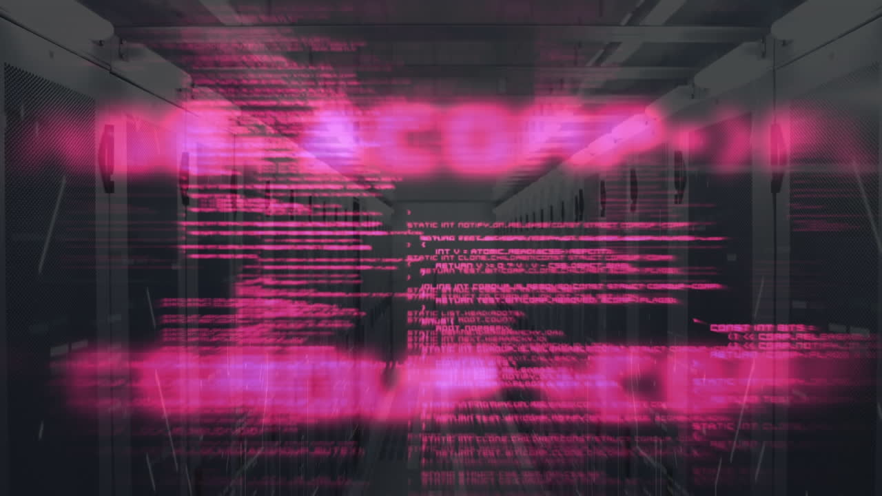 animación del lenguaje informático a través de líneas y barras contra la sala del servidor en segundo plano