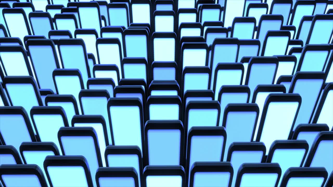 4r bucle fondo oscuro con bloques abstractos en el plano como dispositivos con iluminación de pantalla con luz de neón azul. bg para espectáculos festivos o eventos de vacaciones, conciertos, videos musicales, vj para clubes nocturnos.