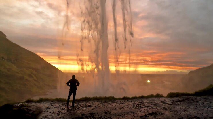Silhueta de homem caminha em direção a Seljalandsfoss enquanto o sol poente brilha através da água em queda, Islândia.