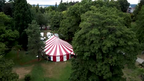 circus tent surrounded by the lush green trees in the park