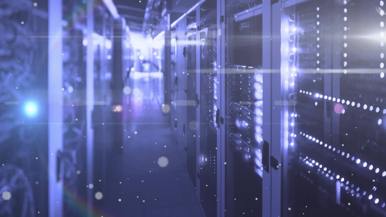 animación de puntos de luz que flotan sobre los servidores de computadoras
