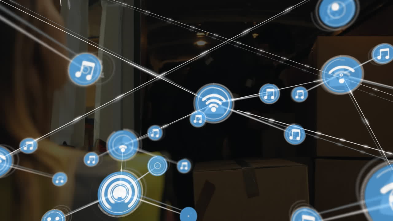 animación de una red de iconos digitales sobre un trabajador caucásico descargando cajas de una furgoneta de entrega