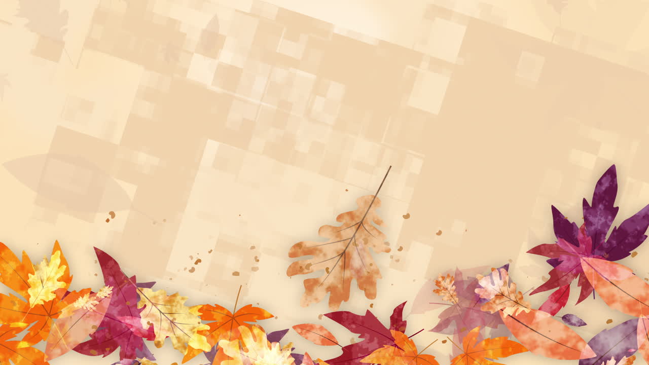 Autumn seasonal yellow grunge background with colorful flying falling tree leaves. Copy space. Looped abstract animation.