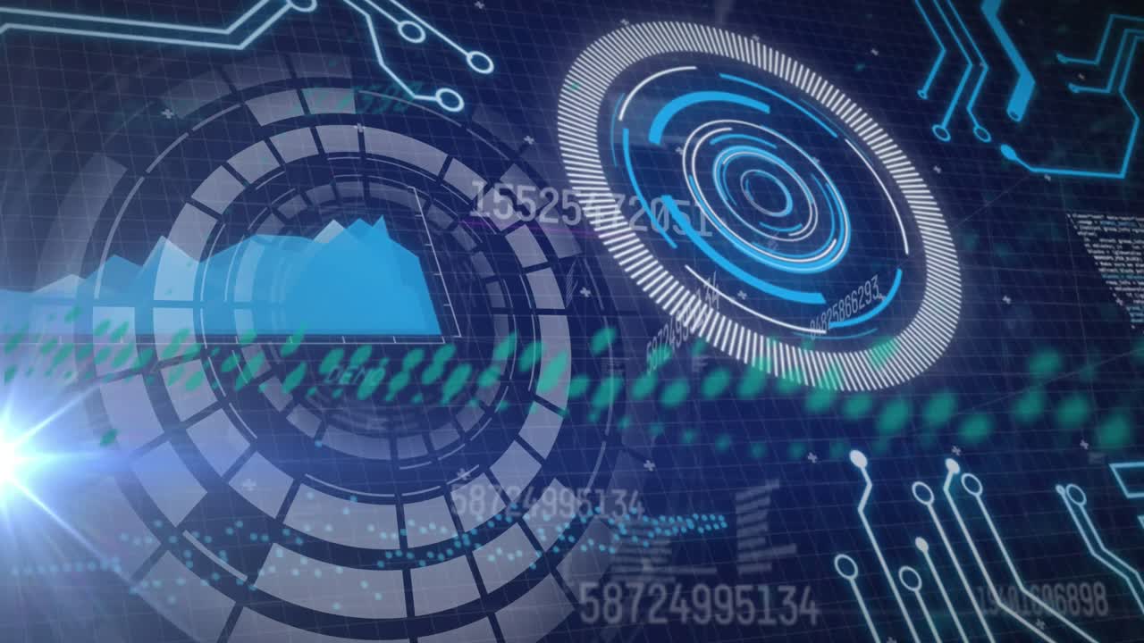 Animation of processing circles and diverse data on navy background