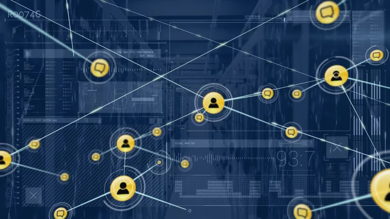 Animazione di rete di icone digitali e interfaccia con elaborazione dati su sala server