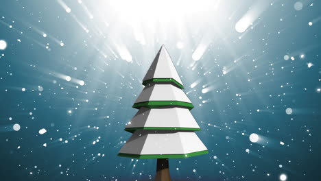 animación de árbol de navidad y nieve cayendo en el paisaje de invierno.