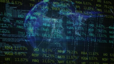 Animation-of-globe-and-financial-data-processing-on-black-digital-screen