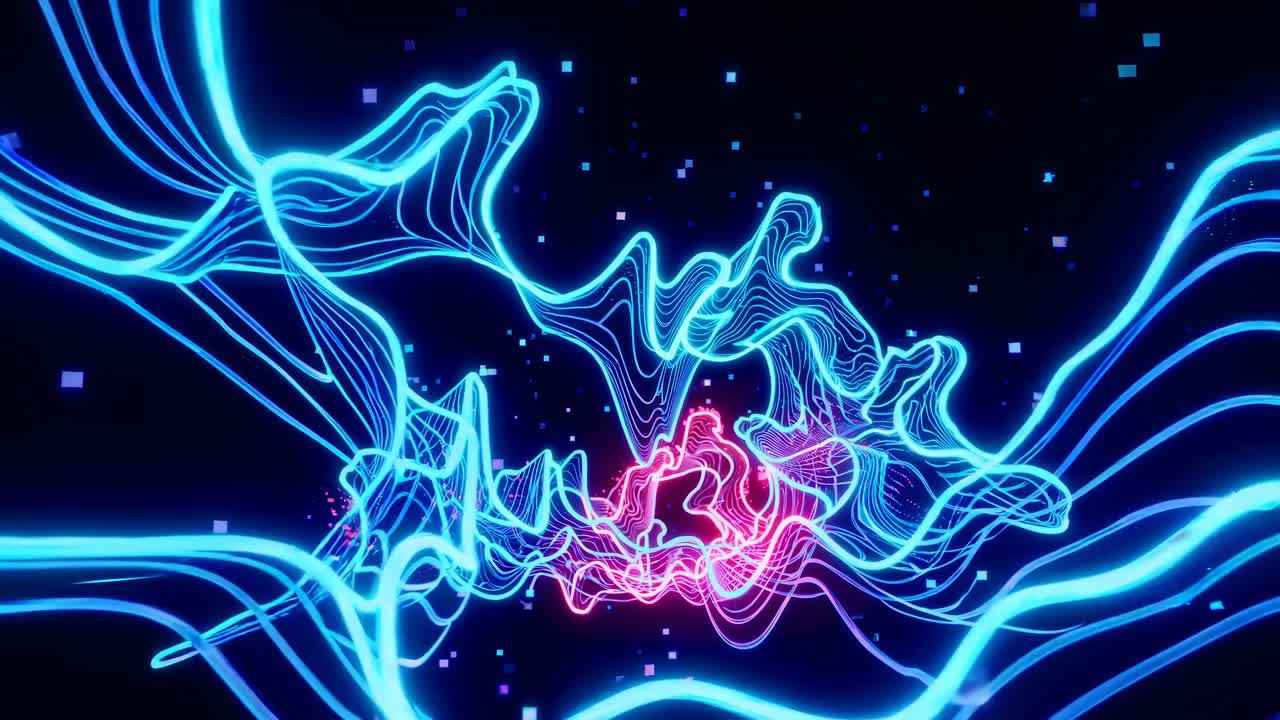 Futuristic video concept with neon blue and pink light trails