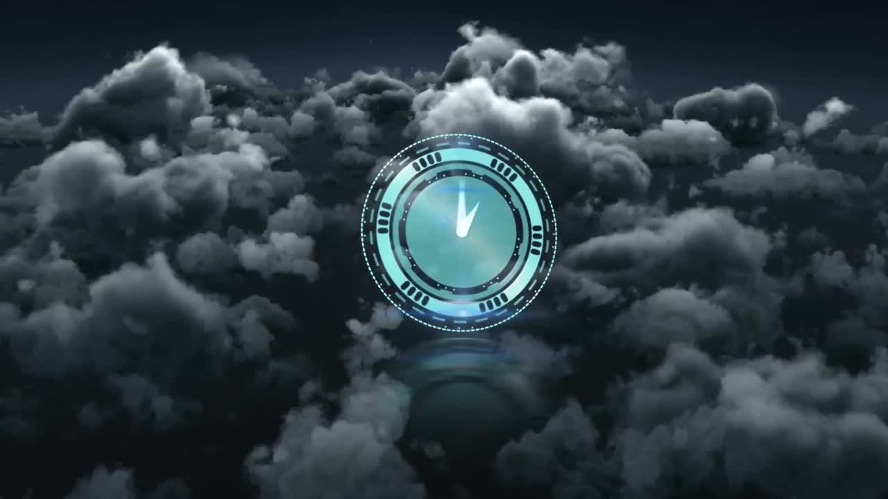 Animation of clock with moving hands over cloudy sky
