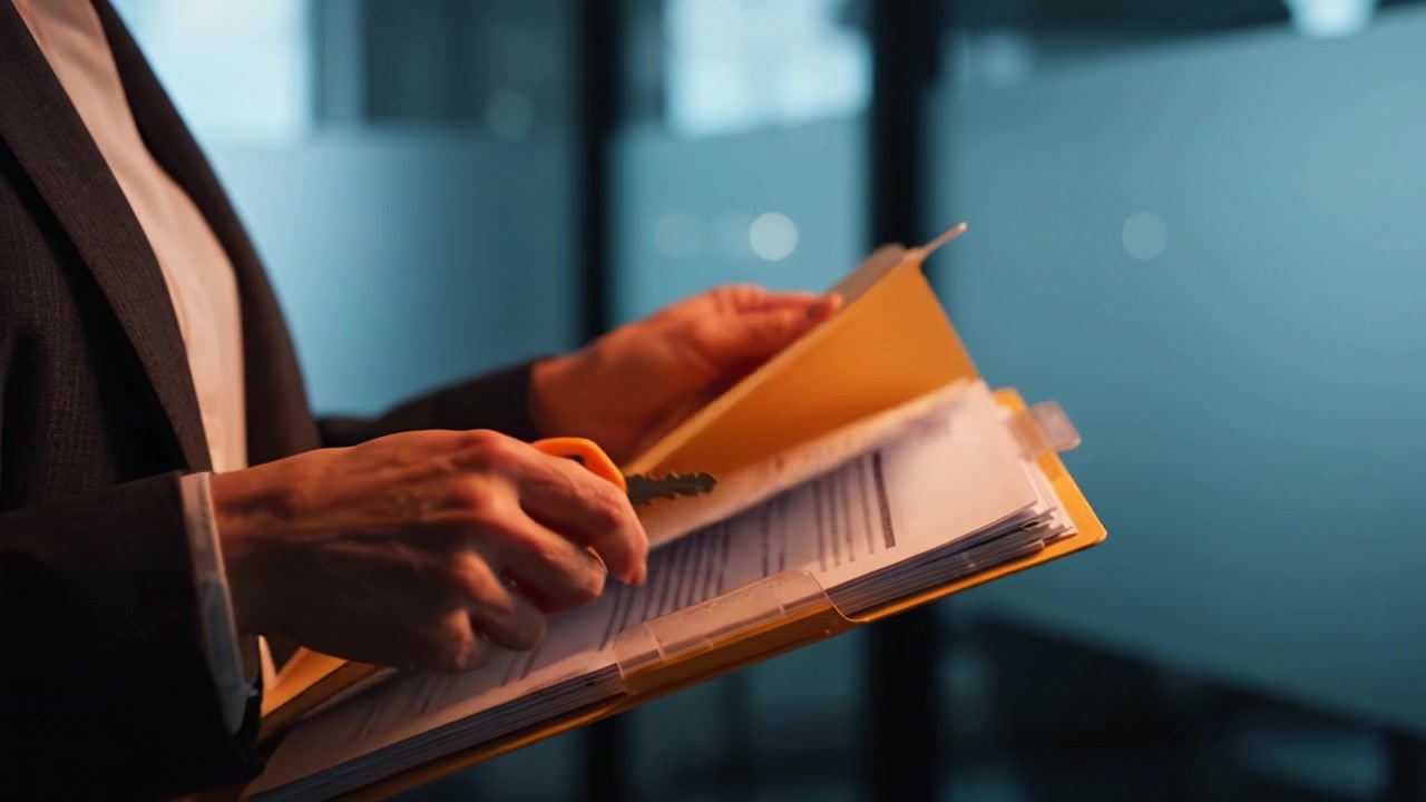 A Business Professional Holds a Yellow Folder with Documents, Highlighting Attention to Detail and Organization in a Modern Office Environment