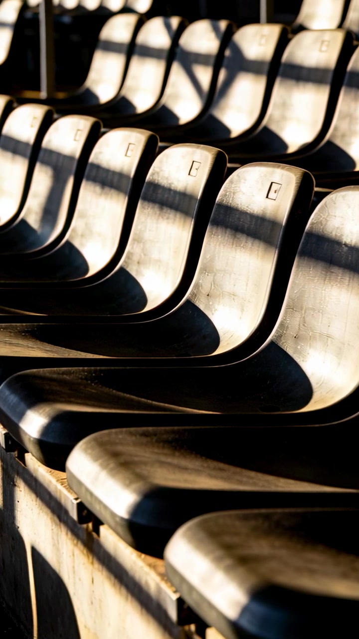 Sunlight streaming through roof casting shadows across stands, camera shifting revealing E marks