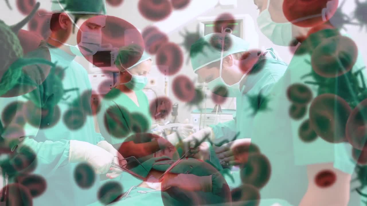animación de células de covid-19 sobre diversos cirujanos que usan máscaras faciales en el quirófano