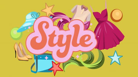 animation of style text and clothes on yellow background