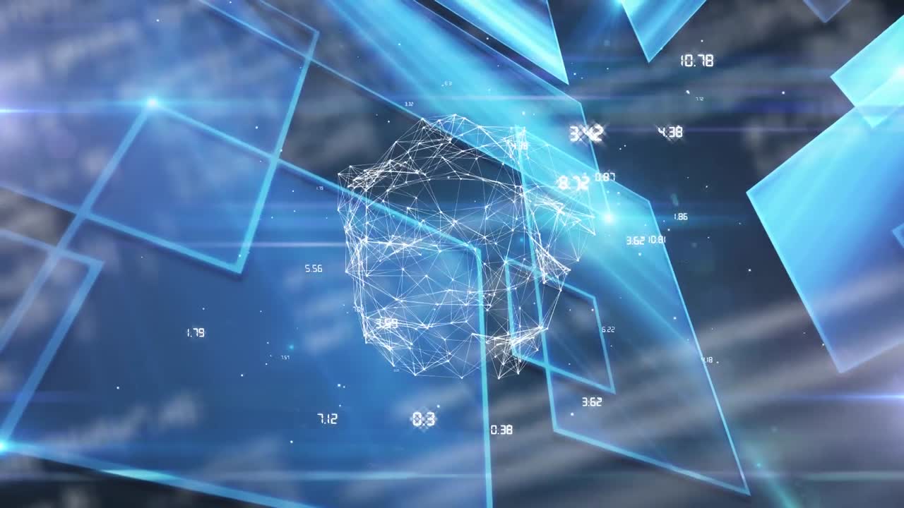 파란색 배경의 사각형 모양에 대한 연결 네트워크의 지구의 디지털 애니메이션