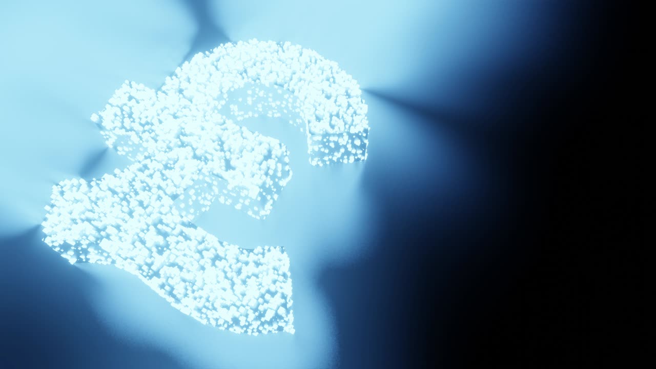 파운드 스터링 (gbp) 화폐 표지판과 기호 빛 미래 입자 3d 렌더링 큐브 다각형 패턴, 비즈니스 금융 블록체인 기술 개념 검은 배경 애니메이션 4k 복사 공간