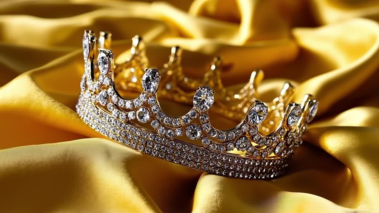 A gold crown on a yellow satin background