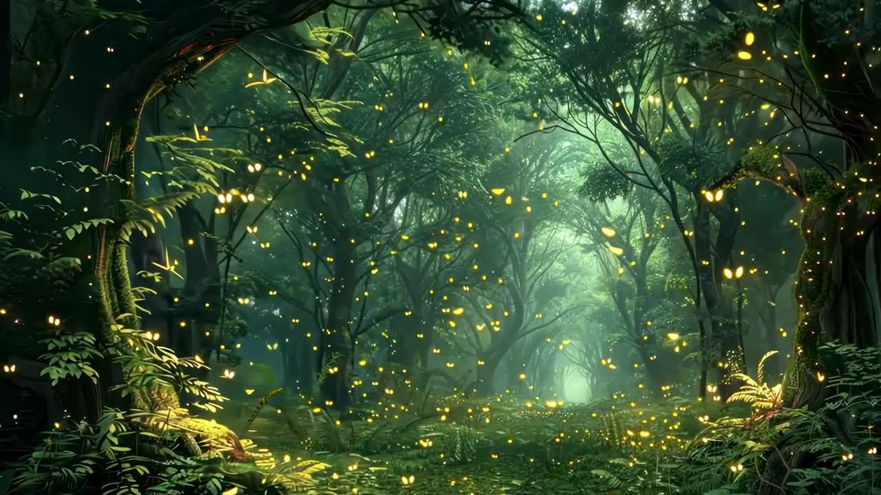 A magical forest scene with glowing fireflies, captured from a low-angle, creating an enchanting
