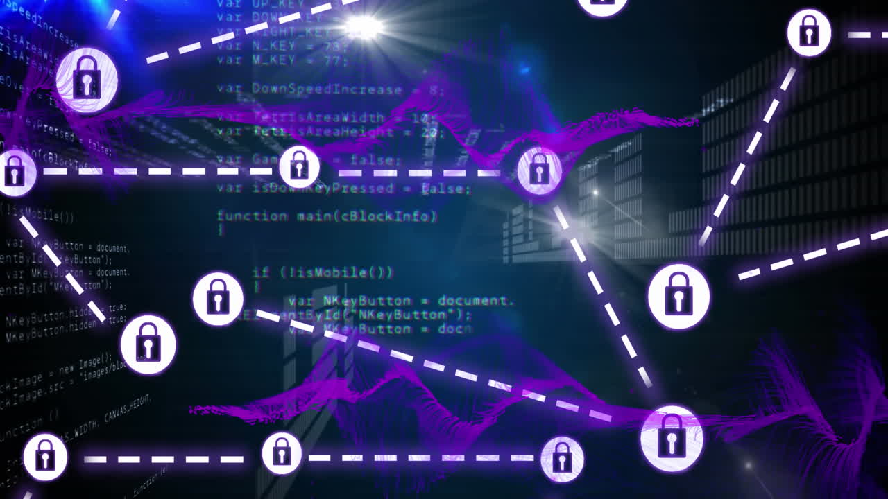 Animation of network of security padlock icons over purple digital waves and data processing