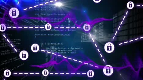 animazione della rete di icone di lucchetto di sicurezza su onde digitali viola e elaborazione dei dati