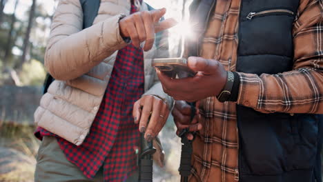hikers using smartphone for navigation in forest