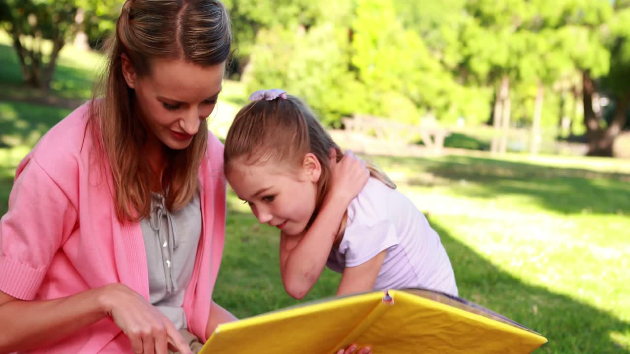 niña pequeña leyendo un libro de cuentos con su madre en el parque
