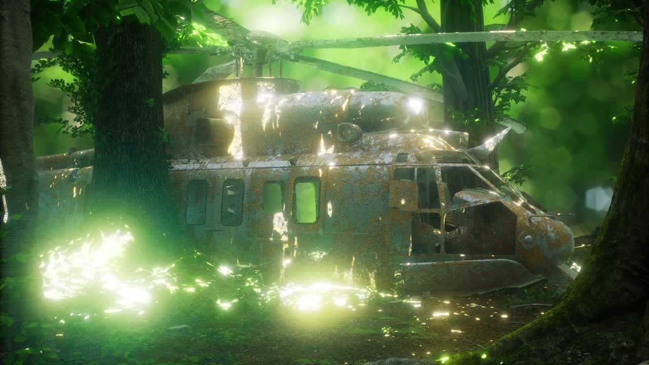 Forgotten helicopter hidden among lush greenery in a tranquil forest